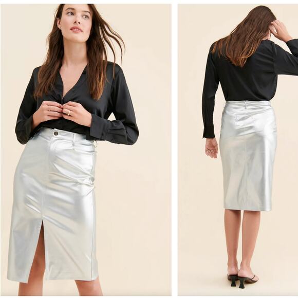 ANTHROPOLOGIE x PORRIDGE Metallic Pencil Skirt Silver Sz XL {G49} - Picture 2 of 6